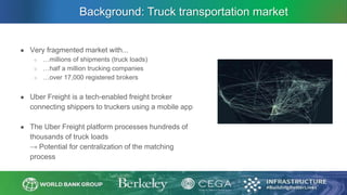 Background: Truck transportation market
● Very fragmented market with...
○ …millions of shipments (truck loads)
○ …half a million trucking companies
○ …over 17,000 registered brokers
● Uber Freight is a tech-enabled freight broker
connecting shippers to truckers using a mobile app
● The Uber Freight platform processes hundreds of
thousands of truck loads
→ Potential for centralization of the matching
process
 