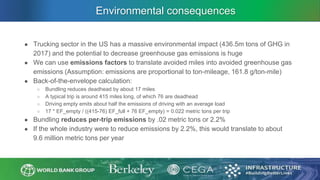 Environmental consequences
● Trucking sector in the US has a massive environmental impact (436.5m tons of GHG in
2017) and the potential to decrease greenhouse gas emissions is huge
● We can use emissions factors to translate avoided miles into avoided greenhouse gas
emissions (Assumption: emissions are proportional to ton-mileage, 161.8 g/ton-mile)
● Back-of-the-envelope calculation:
○ Bundling reduces deadhead by about 17 miles
○ A typical trip is around 415 miles long, of which 76 are deadhead
○ Driving empty emits about half the emissions of driving with an average load
○ 17 * EF_empty / ((415-76) EF_full + 76 EF_empty) = 0.022 metric tons per trip
● Bundling reduces per-trip emissions by .02 metric tons or 2.2%
● If the whole industry were to reduce emissions by 2.2%, this would translate to about
9.6 million metric tons per year
 