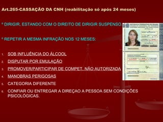 Art.265-CASSAÇÃO DA CNH (reabilitação só após 24 meses)Art.265-CASSAÇÃO DA CNH (reabilitação só após 24 meses)
º DIRIGIR, ESTANDO COM O DIREITO DE DIRIGIR SUSPENSO.
º REPETIR A MESMA INFRAÇÃO NOS 12 MESES:
1. SOB INFLUÊNCIA DO ÁLCOOL
2. DISPUTAR POR EMULAÇÃO
3. PROMOVER/PARTICIPAR DE COMPET. NÃO AUTORIZADA
4. MANOBRAS PERIGOSAS
5. CATEGORIA DIFERENTE
6. CONFIAR OU ENTREGAR A DIREÇAO A PESSOA SEM CONDIÇÕES
PSICOLÓGICAS.
 