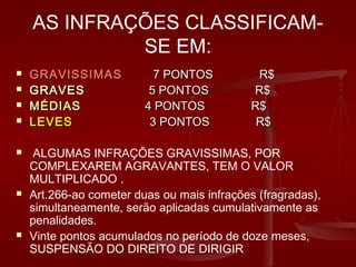 AS INFRAÇÕES CLASSIFICAM-
SE EM:
 GRAVISSIMASGRAVISSIMAS 7 PONTOS R$7 PONTOS R$
 GRAVESGRAVES 5 PONTOS R$5 PONTOS R$
 MÉDIASMÉDIAS 4 PONTOS R$4 PONTOS R$
 LEVESLEVES 3 PONTOS R$3 PONTOS R$
 ALGUMAS INFRAÇÕES GRAVISSIMAS, POR
COMPLEXAREM AGRAVANTES, TEM O VALOR
MULTIPLICADO .
 Art.266-ao cometer duas ou mais infrações (fragradas),
simultaneamente, serão aplicadas cumulativamente as
penalidades.
 Vinte pontos acumulados no período de doze meses,
SUSPENSÃO DO DIREITO DE DIRIGIR
 