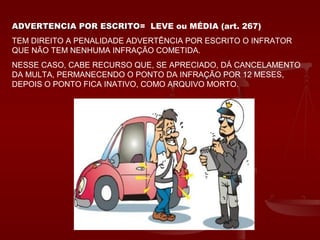 ADVERTENCIA POR ESCRITOADVERTENCIA POR ESCRITO= LEVE ou MÉDIA (art. 267)
TEM DIREITO A PENALIDADE ADVERTÊNCIA POR ESCRITO O INFRATOR
QUE NÃO TEM NENHUMA INFRAÇÃO COMETIDA.
NESSE CASO, CABE RECURSO QUE, SE APRECIADO, DÁ CANCELAMENTO
DA MULTA, PERMANECENDO O PONTO DA INFRAÇÃO POR 12 MESES,
DEPOIS O PONTO FICA INATIVO, COMO ARQUIVO MORTO.
 