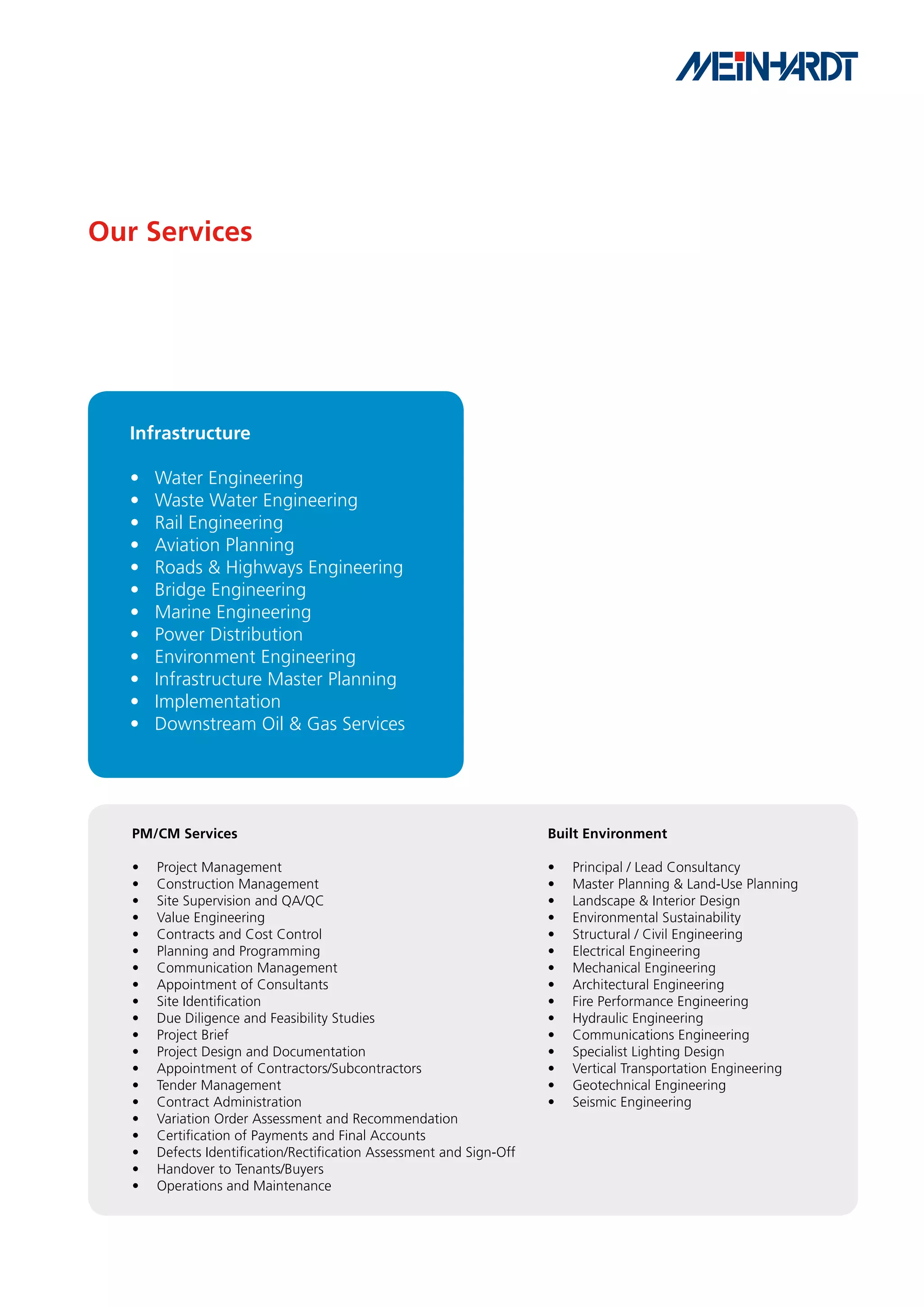 Our Services




   Infrastructure

   •   Water Engineering
   •   Waste Water Engineering
   •   Rail Engineering
   •   Aviation Planning
   •   Roads & Highways Engineering
   •   Bridge Engineering
   •   Marine Engineering
   •   Power Distribution
   •   Environment Engineering
   •   Infrastructure Master Planning
   •   Implementation
   •   Downstream Oil & Gas Services




   PM/CM Services                                                     Built Environment

   •   Project Management                                             •   Principal / Lead Consultancy
   •   Construction Management                                        •   Master Planning & Land-Use Planning
   •   Site Supervision and QA/QC                                     •   Landscape & Interior Design
   •   Value Engineering                                              •   Environmental Sustainability
   •   Contracts and Cost Control                                     •   Structural / Civil Engineering
   •   Planning and Programming                                       •   Electrical Engineering
   •   Communication Management                                       •   Mechanical Engineering
   •   Appointment of Consultants                                     •   Architectural Engineering
   •   Site Identification                                            •   Fire Performance Engineering
   •   Due Diligence and Feasibility Studies                          •   Hydraulic Engineering
   •   Project Brief                                                  •   Communications Engineering
   •   Project Design and Documentation                               •   Specialist Lighting Design
   •   Appointment of Contractors/Subcontractors                      •   Vertical Transportation Engineering
   •   Tender Management                                              •   Geotechnical Engineering
   •   Contract Administration                                        •   Seismic Engineering
   •   Variation Order Assessment and Recommendation
   •   Certification of Payments and Final Accounts
   •   Defects Identification/Rectification Assessment and Sign-Off
   •   Handover to Tenants/Buyers
   •   Operations and Maintenance
 