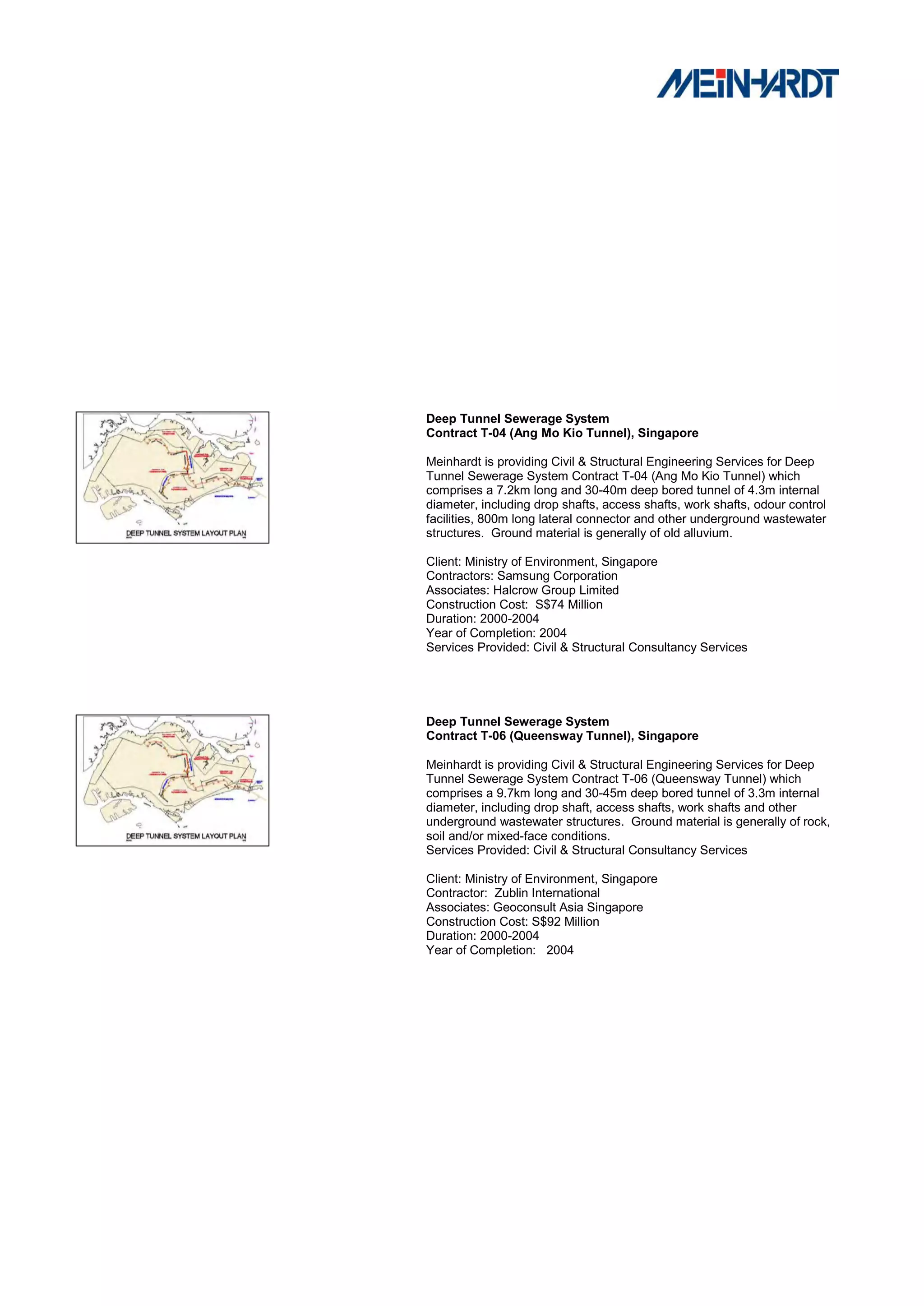 Deep Tunnel Sewerage System
Contract T-04 (Ang Mo Kio Tunnel), Singapore

Meinhardt is providing Civil & Structural Engineering Services for Deep
Tunnel Sewerage System Contract T-04 (Ang Mo Kio Tunnel) which
comprises a 7.2km long and 30-40m deep bored tunnel of 4.3m internal
diameter, including drop shafts, access shafts, work shafts, odour control
facilities, 800m long lateral connector and other underground wastewater
structures. Ground material is generally of old alluvium.

Client: Ministry of Environment, Singapore
Contractors: Samsung Corporation
Associates: Halcrow Group Limited
Construction Cost: S$74 Million
Duration: 2000-2004
Year of Completion: 2004
Services Provided: Civil & Structural Consultancy Services




Deep Tunnel Sewerage System
Contract T-06 (Queensway Tunnel), Singapore

Meinhardt is providing Civil & Structural Engineering Services for Deep
Tunnel Sewerage System Contract T-06 (Queensway Tunnel) which
comprises a 9.7km long and 30-45m deep bored tunnel of 3.3m internal
diameter, including drop shaft, access shafts, work shafts and other
underground wastewater structures. Ground material is generally of rock,
soil and/or mixed-face conditions.
Services Provided: Civil & Structural Consultancy Services

Client: Ministry of Environment, Singapore
Contractor: Zublin International
Associates: Geoconsult Asia Singapore
Construction Cost: S$92 Million
Duration: 2000-2004
Year of Completion: 2004
 