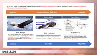 In his book titled: The Intentional Stance, Dennett defines three levels of abstraction, attained by adopting one of three entirely different
“stances”, or intellectual strategies.
This is the most abstract stance, and relates to the ability of
assessing a situation without understanding the underlying
reason, what Dennett calls “competence without
comprehension” This is analogous to the mystery stage in
the knowledge funnel.
Birds & Flight
Intentional Stance
This is less abstract than before, where understanding is
derived from basic knowledge and assumptions made
about an ordered state, analogous to the heuristic stage.
Wing Properties
Design Stance
This is the most concrete of the three, at this stage
prediction are derived from knowledge and a clear
understanding of natural laws or physical phenomena.
Analogous to the algorithm stage.
Flight Physics
Physical Stance
Intuition Pumps (Learning)
Abstract Concrete
Mystery Algorithm
Heuristic
 