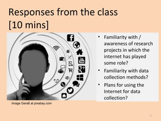 Responses from the class
[10 mins]
• Familiarity with /
awareness of research
projects in which the
internet has played
some role?
• Familiarity with data
collection methods?
• Plans for using the
Internet for data
collection?
3
Image Geralt at pixabay.com
 