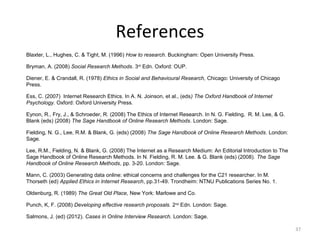 References
Blaxter, L., Hughes, C. & Tight, M. (1996) How to research. Buckingham: Open University Press.
Bryman, A. (2008) Social Research Methods. 3rd
Edn. Oxford: OUP.
Diener, E. & Crandall, R. (1978) Ethics in Social and Behavioural Research, Chicago: University of Chicago
Press.
Ess, C. (2007) Internet Research Ethics. In A. N. Joinson, et al., (eds) The Oxford Handbook of Internet
Psychology. Oxford: Oxford University Press.
Eynon, R., Fry, J., & Schroeder, R. (2008) The Ethics of Internet Research. In N. G. Fielding, R. M. Lee, & G.
Blank (eds) (2008) The Sage Handbook of Online Research Methods. London: Sage.
Fielding, N. G., Lee, R.M. & Blank, G. (eds) (2008) The Sage Handbook of Online Research Methods. London:
Sage.
Lee, R.M., Fielding, N. & Blank, G. (2008) The Internet as a Research Medium: An Editorial Introduction to The
Sage Handbook of Online Research Methods. In N. Fielding, R. M. Lee. & G. Blank (eds) (2008). The Sage
Handbook of Online Research Methods, pp. 3-20. London: Sage.
Mann, C. (2003) Generating data online: ethical concerns and challenges for the C21 researcher. In M.
Thorseth (ed) Applied Ethics in Internet Research, pp.31-49. Trondheim: NTNU Publications Series No. 1.
Oldenburg, R. (1989) The Great Old Place, New York: Marlowe and Co.
Punch, K, F. (2008) Developing effective research proposals. 2nd
Edn. London: Sage.
Salmons, J. (ed) (2012). Cases in Online Interview Research. London: Sage.
37
 