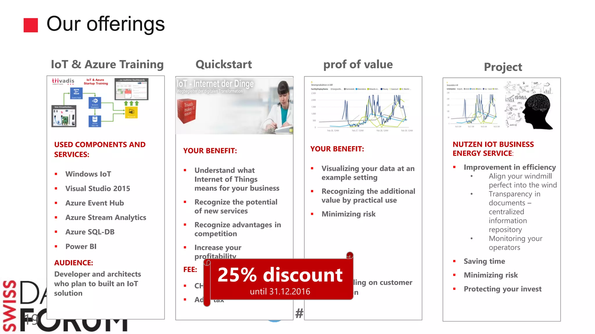 #SDF16
Our offerings
19
IoT & Azure Training Quickstart prof of value Project
USED COMPONENTS AND
SERVICES:
 Windows IoT
 Visual Studio 2015
 Azure Event Hub
 Azure Stream Analytics
 Azure SQL-DB
 Power BI
AUDIENCE:
Developer and architects
who plan to built an IoT
solution
YOUR BENEFIT:
 Understand what
Internet of Things
means for your business
 Recognize the potential
of new services
 Recognize advantages in
competition
 Increase your
profitability
FEE:
 CHF 1.500,00
 Add. tax
YOUR BENEFIT:
 Visualizing your data at an
example setting
 Recognizing the additional
value by practical use
 Minimizing risk
NUTZEN IOT BUSINESS
ENERGY SERVICE:
 Improvement in efficiency
• Align your windmill
perfect into the wind
• Transparency in
documents –
centralized
information
repository
• Monitoring your
operators
 Saving time
 Minimizing risk
 Protecting your invest
FEE:
 Depending on customer
situation
25% discount
until 31.12.2016
 