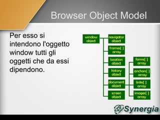 Browser Object Model
Per esso si
intendono l'oggetto
window tutti gli
oggetti che da essi
dipendono.
 