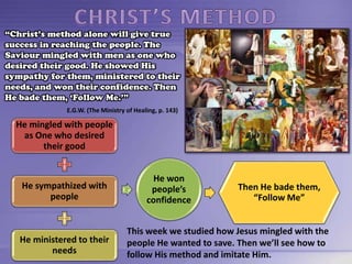 “Christ’s method alone will give true
success in reaching the people. The
Saviour mingled with men as one who
desired their good. He showed His
sympathy for them, ministered to their
needs, and won their confidence. Then
He bade them, ‘Follow Me.’”
E.G.W. (The Ministry of Healing, p. 143)
He mingled with people
as One who desired
their good
He sympathized with
people
He ministered to their
needs
He won
people’s
confidence
Then He bade them,
“Follow Me”
This week we studied how Jesus mingled with the
people He wanted to save. Then we’ll see how to
follow His method and imitate Him.
 