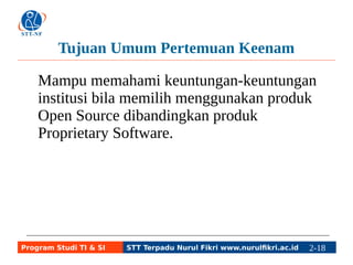 Tujuan Umum Pertemuan Keenam 
Mampu memahami keuntungan-keuntungan 
institusi bila memilih menggunakan produk 
Open Source dibandingkan produk 
Proprietary Software. 
Program Studi TI & SI STT Terpadu Nurul Fikri www.nurulfikri.ac.id 2-18 2-5 
 