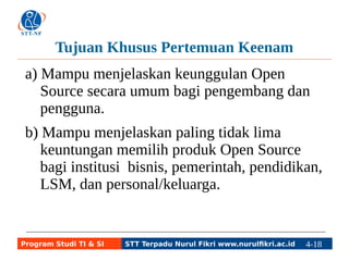 Tujuan Khusus Pertemuan Keenam 
a) Mampu menjelaskan keunggulan Open 
Source secara umum bagi pengembang dan 
pengguna. 
b) Mampu menjelaskan paling tidak lima 
keuntungan memilih produk Open Source 
bagi institusi bisnis, pemerintah, pendidikan, 
LSM, dan personal/keluarga. 
Program Studi TI & SI STT Terpadu Nurul Fikri www.nurulfikri.ac.id 4-18 4-5 
 