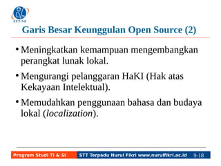 Garis Besar Keunggulan Open Source (2) 
●Meningkatkan kemampuan mengembangkan 
perangkat lunak lokal. 
●Mengurangi pelanggaran HaKI (Hak atas 
Kekayaan Intelektual). 
●Memudahkan penggunaan bahasa dan budaya 
lokal (localization). 
Program Studi TI & SI STT Terpadu Nurul Fikri www.nurulfikri.ac.id 9-18 9-5 
 