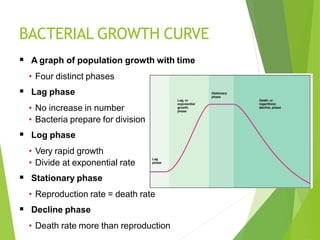 BACTERIAL GROWTH CURVE
 A graph of population growth with time
• Four distinct phases
 Lag phase
• No increase in number
• Bacteria prepare for division
 Log phase
• Very rapid growth
• Divide at exponential rate
 Stationary phase
• Reproduction rate = death rate
 Decline phase
• Death rate more than reproduction
 