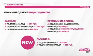 телеканал до///дь 
tvrain.ru 
что мы продаем? виды подписок 
премиум-подписка: 
/// Подписка без видеорекламы 
на месяц — 1 480 руб. 
/// Подписка «Я финансирую До///дь» 
на месяц — 10 000 руб. 
базовая: 
/// Подписка на год — 4 800 руб. 
/// Подписка на три месяца — 1 280 руб. 
/// Подписка на месяц — 480 руб. 
льготная: 
/// Подписка на год — 2 000 руб. 
/// Подписка на полгода — 1 000 руб. NEW 
 