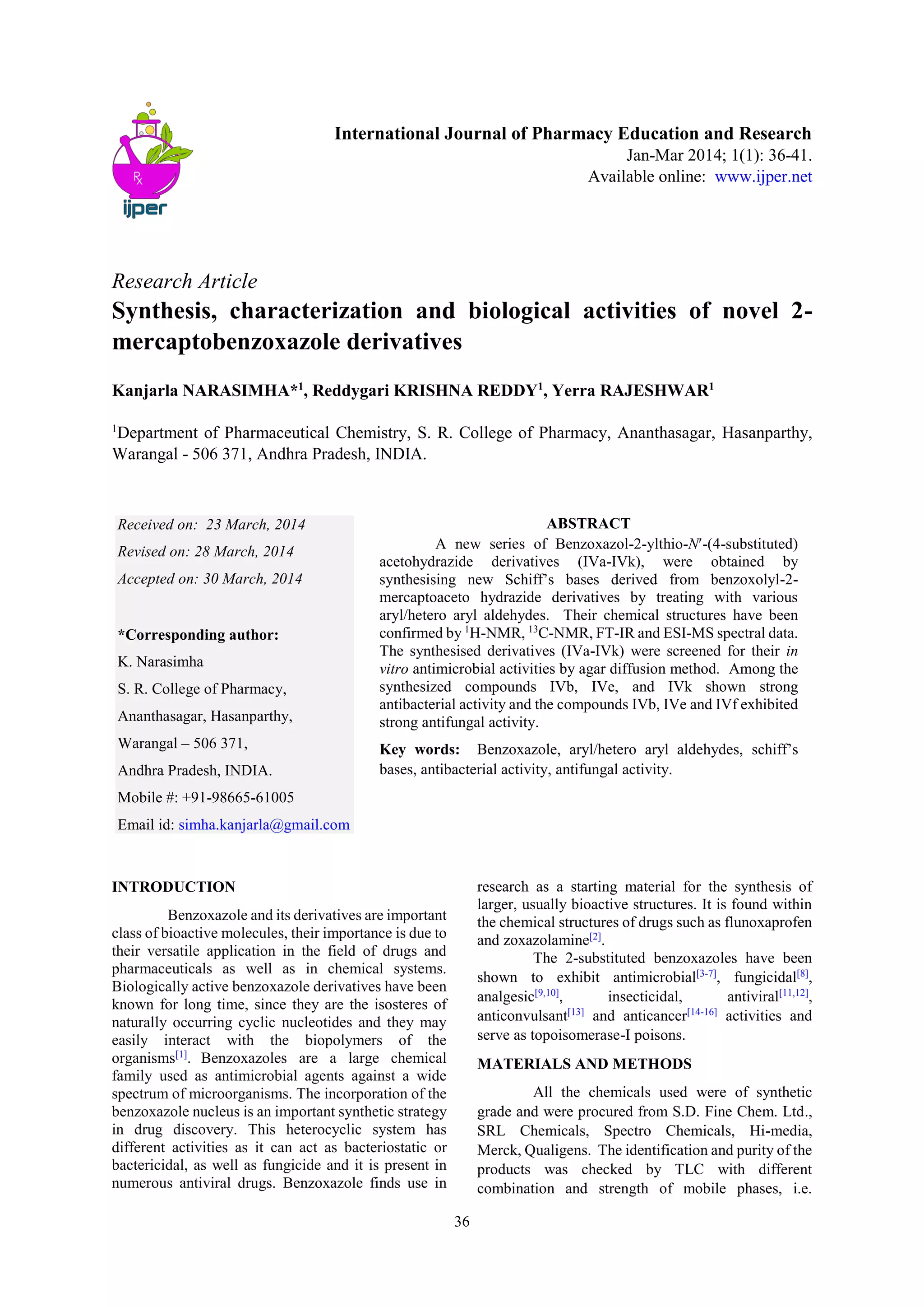 Synthesis, characterization and biological activities of novel 2 ...