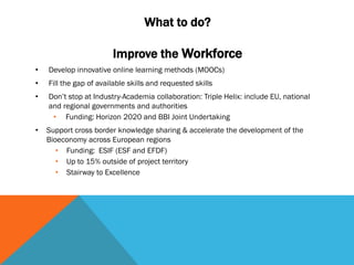 What to do?
Improve the Workforce
• Develop innovative online learning methods (MOOCs)
• Fill the gap of available skills and requested skills
• Don’t stop at Industry-Academia collaboration: Triple Helix: include EU, national
and regional governments and authorities
• Funding: Horizon 2020 and BBI Joint Undertaking
• Support cross border knowledge sharing & accelerate the development of the
Bioeconomy across European regions
• Funding: ESIF (ESF and EFDF)
• Up to 15% outside of project territory
• Stairway to Excellence
 