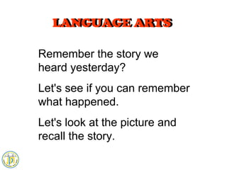 LANGUAGE ARTS
  LANGUAGE ARTS

Remember the story we
heard yesterday?
Let's see if you can remember
what happened.
Let's look at the picture and
recall the story.
 
