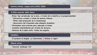 Carrera exitosa, aunque corta (1810-1829)
• Ritmo: Eje vertebrador de la obra, a través de la simetría y la proporcionalidad
• Estructuras creadas a través de motivos rítmicos
• Ritmo como proyección de la dramaturgia
• Recurrencia del Crescendo como elemento dramático
• Virtuosismo vocal extremo pero adecuado al drama
• Armonías sorprendentes por círculos de terceras
• Herencia de la ópera bufa: finales de conjunto
‘Il Bello musicale’ (della Seta)
• Il barbiere di Siviglia, La Cenerentola, L’italiana in Algeri
Comedias:
• Tancredi, Guillaume Tell
Óperas serias:
 