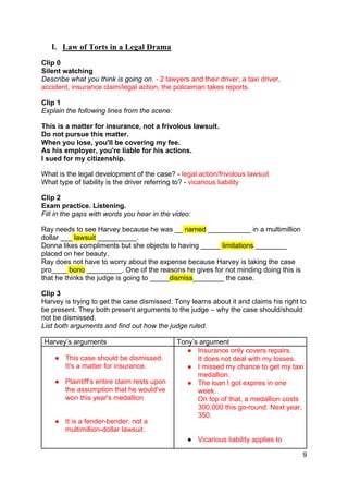 9
I. Law of Torts in a Legal Drama
Clip 0
Silent watching
Describe what you think is going on. - 2 lawyers and their driver, a taxi driver,
accident, insurance claim/legal action, the policeman takes reports.
Clip 1
Explain the following lines from the scene:
This is a matter for insurance, not a frivolous lawsuit.
Do not pursue this matter.
When you lose, you'll be covering my fee.
As his employer, you're liable for his actions.
I sued for my citizenship.
What is the legal development of the case? - legal action/frivolous lawsuit
What type of liability is the driver referring to? - vicarious liability
Clip 2
Exam practice. Listening.
Fill in the gaps with words you hear in the video:
Ray needs to see Harvey because he was __ named ___________ in a multimillion
dollar ___ lawsuit __________.
Donna likes compliments but she objects to having _____ limitations ________
placed on her beauty.
Ray does not have to worry about the expense because Harvey is taking the case
pro____ bono _________. One of the reasons he gives for not minding doing this is
that he thinks the judge is going to _____dismiss________ the case.
Clip 3
Harvey is trying to get the case dismissed. Tony learns about it and claims his right to
be present. They both present arguments to the judge – why the case should/should
not be dismissed.
List both arguments and find out how the judge ruled.
Harvey’s arguments Tony’s argument
● This case should be dismissed.
It's a matter for insurance.
● Plaintiff’s entire claim rests upon
the assumption that he would've
won this year's medallion
● It is a fender-bender, not a
multimillion-dollar lawsuit.
● Insurance only covers repairs.
It does not deal with my losses.
● I missed my chance to get my taxi
medallion.
● The loan I got expires in one
week.
On top of that, a medallion costs
300,000 this go-round. Next year,
350.
● Vicarious liability applies to
 