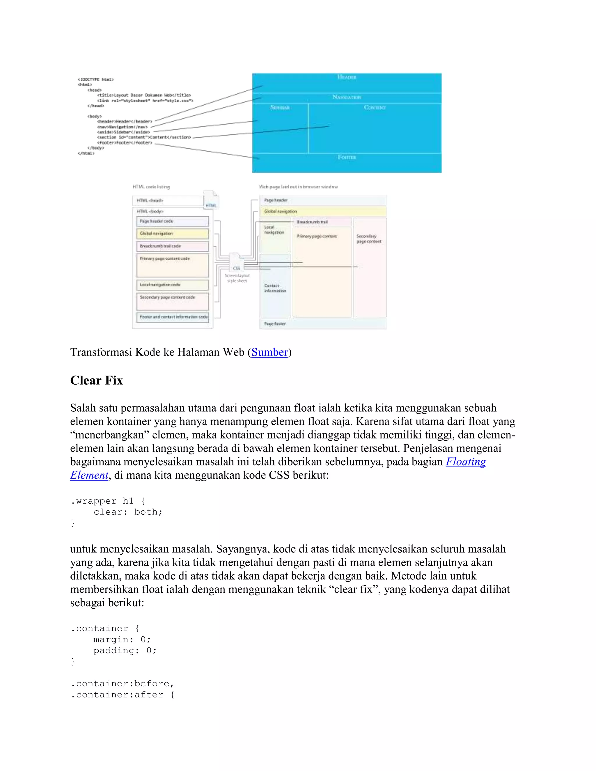 Transformasi Kode ke Halaman Web (Sumber)

Clear Fix
Salah satu permasalahan utama dari pengunaan float ialah ketika kita menggunakan sebuah
elemen kontainer yang hanya menampung elemen float saja. Karena sifat utama dari float yang
“menerbangkan” elemen, maka kontainer menjadi dianggap tidak memiliki tinggi, dan elemenelemen lain akan langsung berada di bawah elemen kontainer tersebut. Penjelasan mengenai
bagaimana menyelesaikan masalah ini telah diberikan sebelumnya, pada bagian Floating
Element, di mana kita menggunakan kode CSS berikut:
.wrapper h1 {
clear: both;
}

untuk menyelesaikan masalah. Sayangnya, kode di atas tidak menyelesaikan seluruh masalah
yang ada, karena jika kita tidak mengetahui dengan pasti di mana elemen selanjutnya akan
diletakkan, maka kode di atas tidak akan dapat bekerja dengan baik. Metode lain untuk
membersihkan float ialah dengan menggunakan teknik “clear fix”, yang kodenya dapat dilihat
sebagai berikut:
.container {
margin: 0;
padding: 0;
}
.container:before,
.container:after {

 