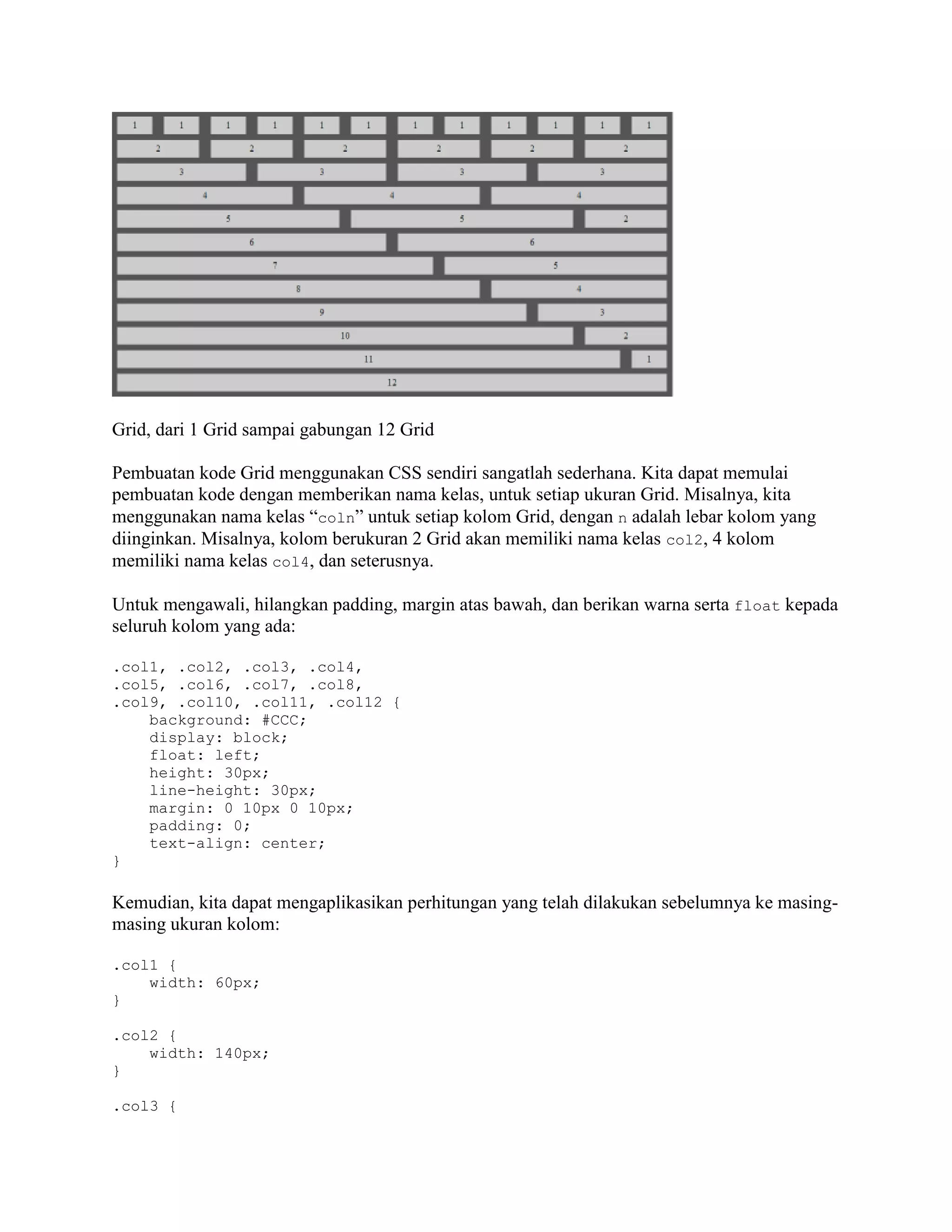 Grid, dari 1 Grid sampai gabungan 12 Grid
Pembuatan kode Grid menggunakan CSS sendiri sangatlah sederhana. Kita dapat memulai
pembuatan kode dengan memberikan nama kelas, untuk setiap ukuran Grid. Misalnya, kita
menggunakan nama kelas “coln” untuk setiap kolom Grid, dengan n adalah lebar kolom yang
diinginkan. Misalnya, kolom berukuran 2 Grid akan memiliki nama kelas col2, 4 kolom
memiliki nama kelas col4, dan seterusnya.
Untuk mengawali, hilangkan padding, margin atas bawah, dan berikan warna serta float kepada
seluruh kolom yang ada:
.col1, .col2, .col3, .col4,
.col5, .col6, .col7, .col8,
.col9, .col10, .col11, .col12 {
background: #CCC;
display: block;
float: left;
height: 30px;
line-height: 30px;
margin: 0 10px 0 10px;
padding: 0;
text-align: center;
}

Kemudian, kita dapat mengaplikasikan perhitungan yang telah dilakukan sebelumnya ke masingmasing ukuran kolom:
.col1 {
width: 60px;
}
.col2 {
width: 140px;
}
.col3 {

 