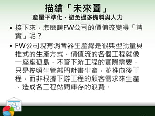 描繪「未來圖」
產量平準化，避免過多備料與人力
• 接下來，怎麼讓FW公司的價值流變得「精
實」呢？
• FW公司現有消音器生產線是很典型批量與
推式的生產方式，價值流的各個工程就像
一座座孤島，不管下游工程的實際需要，
只是按照生管部門計畫生產，並推向後工
程，而非根據下游工程的顧客需求來生產
，造成各工程站間庫存的浪費。
 