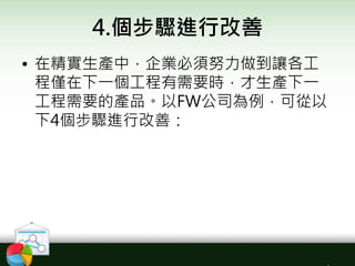 4.個步驟進行改善
• 在精實生產中，企業必須努力做到讓各工
程僅在下一個工程有需要時，才生產下一
工程需要的產品。以FW公司為例，可從以
下4個步驟進行改善：
 