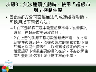 步驟3：無法連續流動時，使用「超級市
場」控制生產
• 因此當FW公司面臨無法形成連續流動時，
可採用以下兩個方法：
– 1.在下游顧客工程中設置超級市場，在需要的
時候可在超級市場領取產品；
– 2.在上游的供應工程亦設置超級市場，在材料
或零件被領走時，依據被領取的情報立即下單
訂購材料或生產零件，以補充被領走的部分。
設置超級市場最主要的目的在於，不必按照生
產計畫也可控制上游供應工程的生產。
 