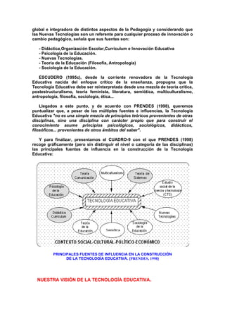 global e integradora de distintos aspectos de la Pedagogía y considerando que
las Nuevas Tecnologías son un referente para cualquier proceso de innovación o
cambio pedagógico, señala que sus fuentes son:
- Didáctica,Organización Escolar,Currículum e Innovación Educativa
- Psicología de la Educación.
- Nuevas Tecnologías.
- Teoría de la Educación (Filosofía, Antropología)
- Sociología de la Educación.
ESCUDERO (1995c), desde la corriente renovadora de la Tecnología
Educativa nacida del enfoque crítico de la enseñanza, propugna que la
Tecnología Educativa debe ser reinterpretada desde una mezcla de teoría crítica,
postestructuralismo, teoría feminista, literatura, semiótica, multiculturalismo,
antropología, filosofía, sociología, ética...
Llegados a este punto, y de acuerdo con PRENDES (1998), queremos
puntualizar que, a pesar de las múltiples fuentes e influencias, la Tecnología
Educativa "no es una simple mezcla de principios teóricos provenientes de otras
disciplinas, sino una disciplina con carácter propio que para construir el
conocimiento asume principios psicológicos, sociológicos, didácticos,
filosóficos... provenientes de otros ámbitos del saber".
Y para finalizar, presentamos el CUADRO-9 con el que PRENDES (1998)
recoge gráficamente (pero sin distinguir el nivel o categoría de las disciplinas)
las principales fuentes de influencia en la construcción de la Tecnología
Educativa:
PRINCIPALES FUENTES DE INFLUENCIA EN LA CONSTRUCCIÓN
DE LA TECNOLOGÍA EDUCATIVA. (PRENDES, 1998)
NUESTRA VISIÓN DE LA TECNOLOGÍA EDUCATIVA.
 