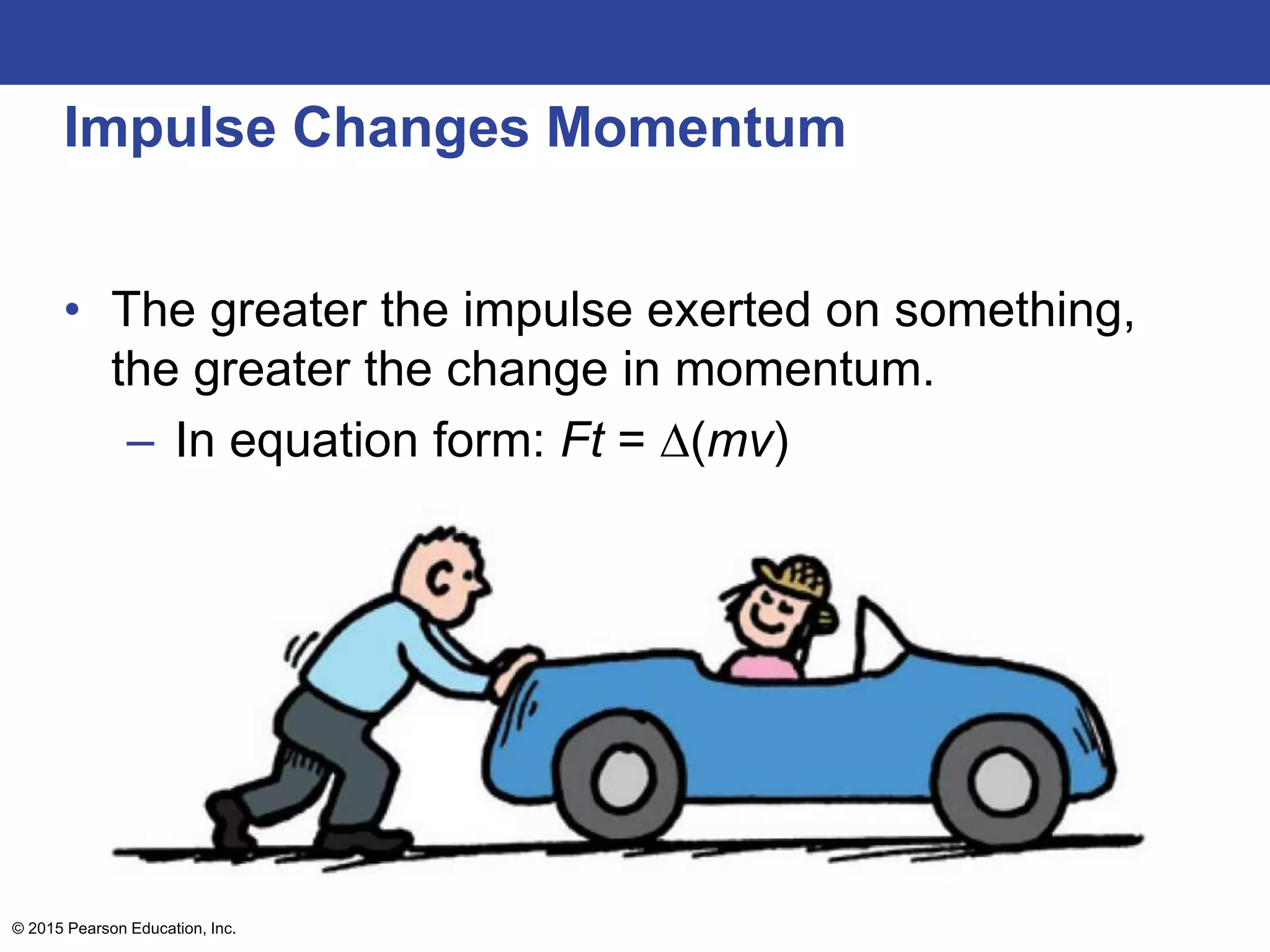 Impulse Changes Momentum
• The greater the impulse exerted on something,
the greater the change in momentum.
– In equation form: Ft = ∆(mv)
© 2015 Pearson Education, Inc.
 