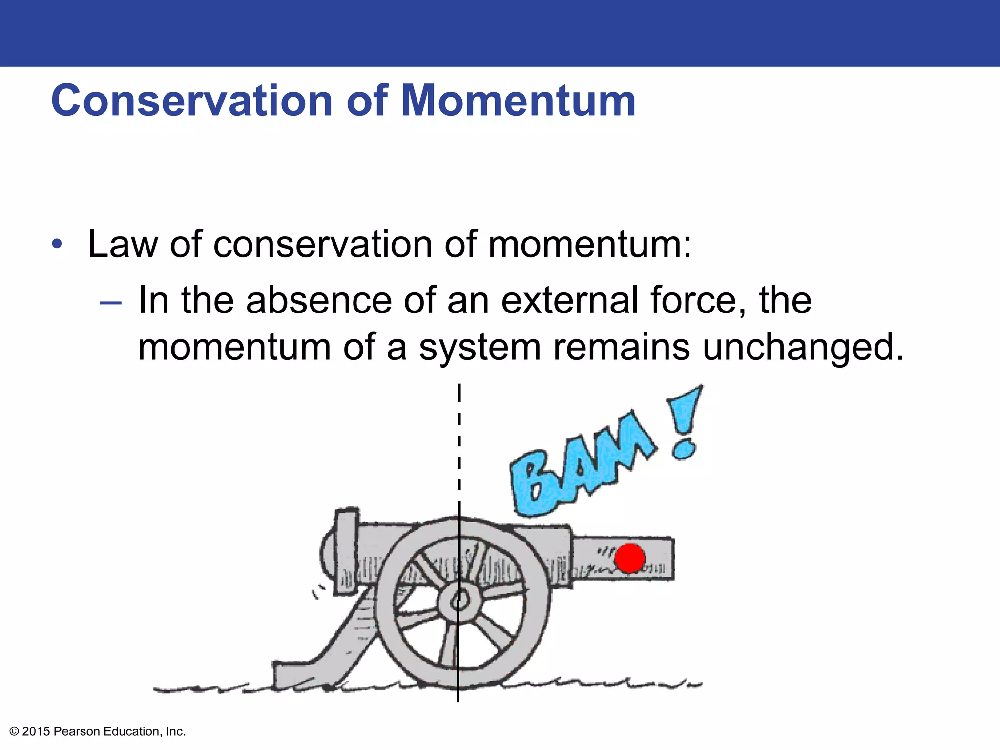 Conservation of Momentum
• Law of conservation of momentum:
– In the absence of an external force, the
momentum of a system remains unchanged.
© 2015 Pearson Education, Inc.
 