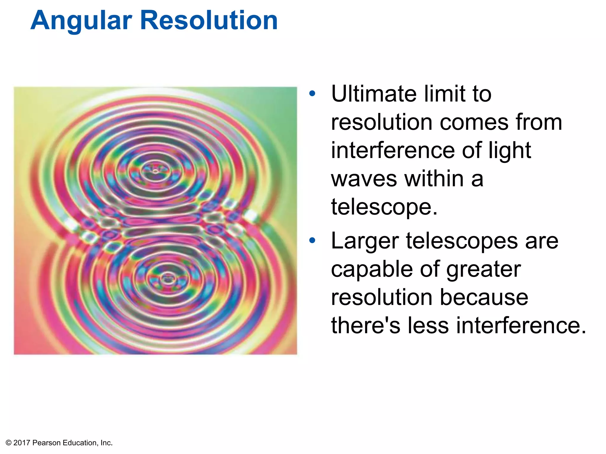 Angular Resolution
• Ultimate limit to
resolution comes from
interference of light
waves within a
telescope.
• Larger telescopes are
capable of greater
resolution because
there's less interference.
© 2017 Pearson Education, Inc.
 