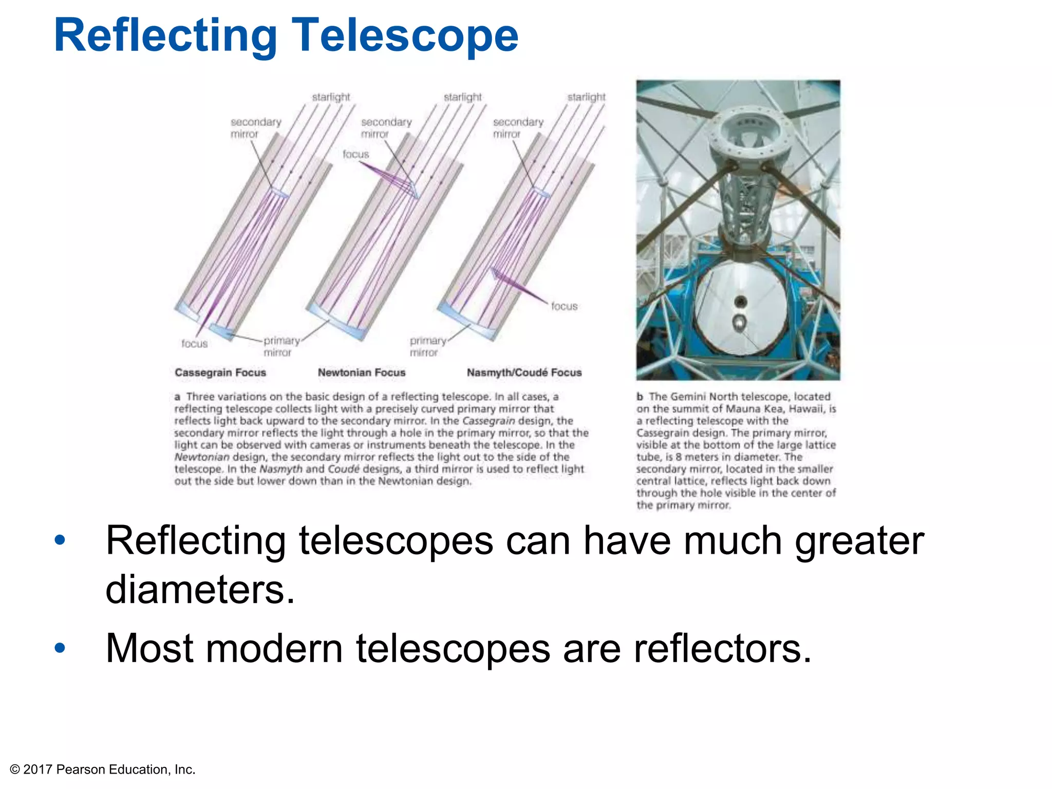 Reflecting Telescope
• Reflecting telescopes can have much greater
diameters.
• Most modern telescopes are reflectors.
© 2017 Pearson Education, Inc.
 