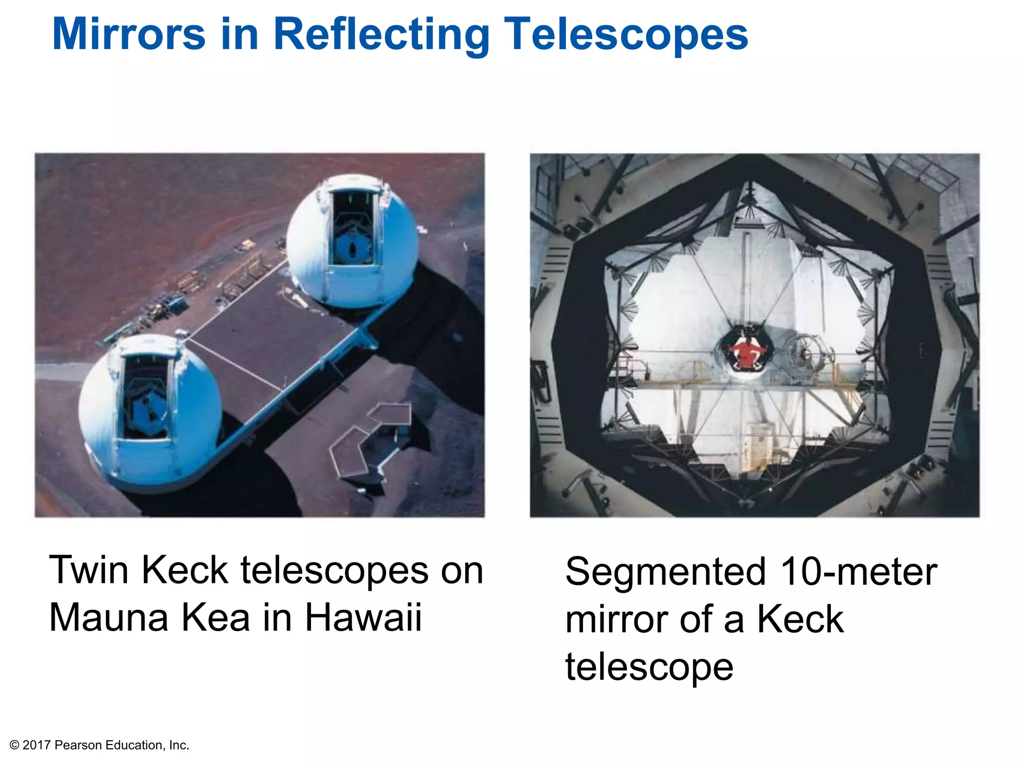 Mirrors in Reflecting Telescopes
Twin Keck telescopes on
Mauna Kea in Hawaii
Segmented 10-meter
mirror of a Keck
telescope
© 2017 Pearson Education, Inc.
 