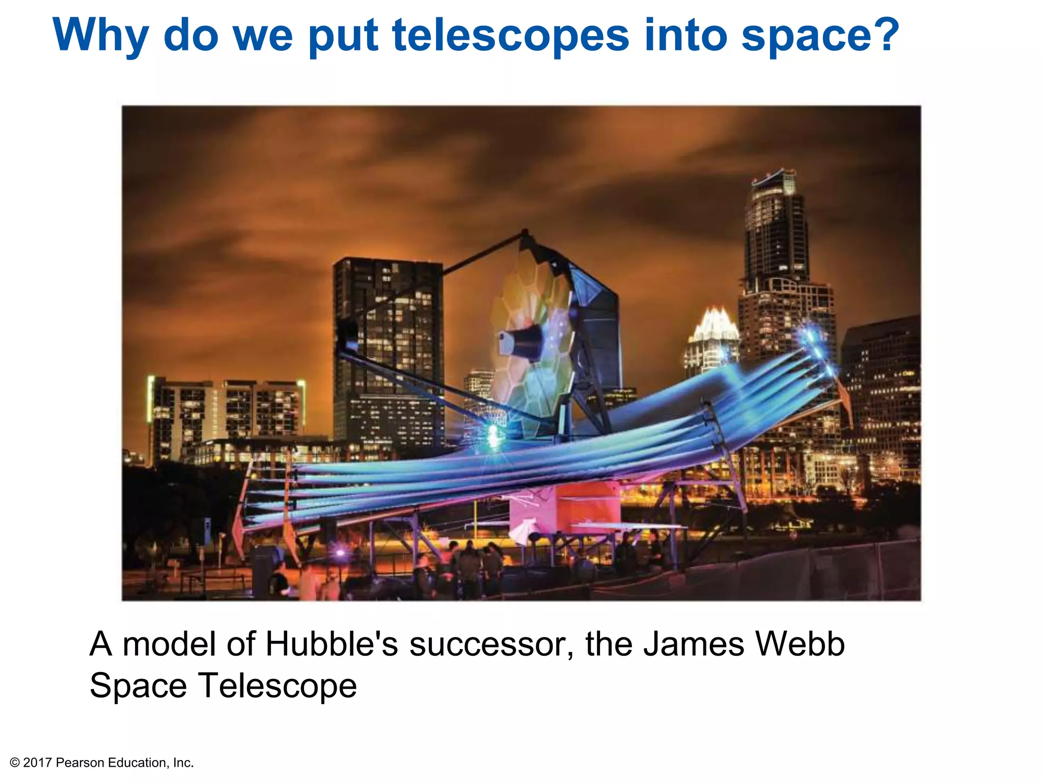 Why do we put telescopes into space?
A model of Hubble's successor, the James Webb
Space Telescope
© 2017 Pearson Education, Inc.
 