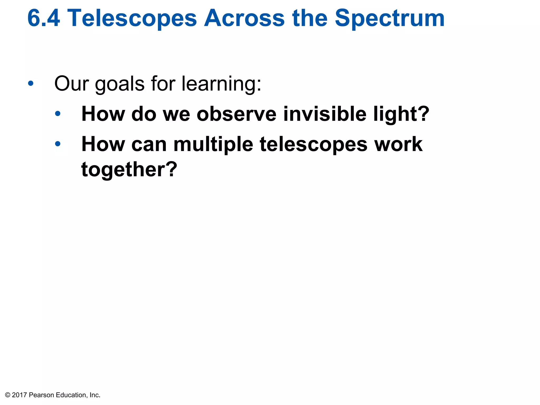 6.4 Telescopes Across the Spectrum
• Our goals for learning:
• How do we observe invisible light?
• How can multiple telescopes work
together?
© 2017 Pearson Education, Inc.
 