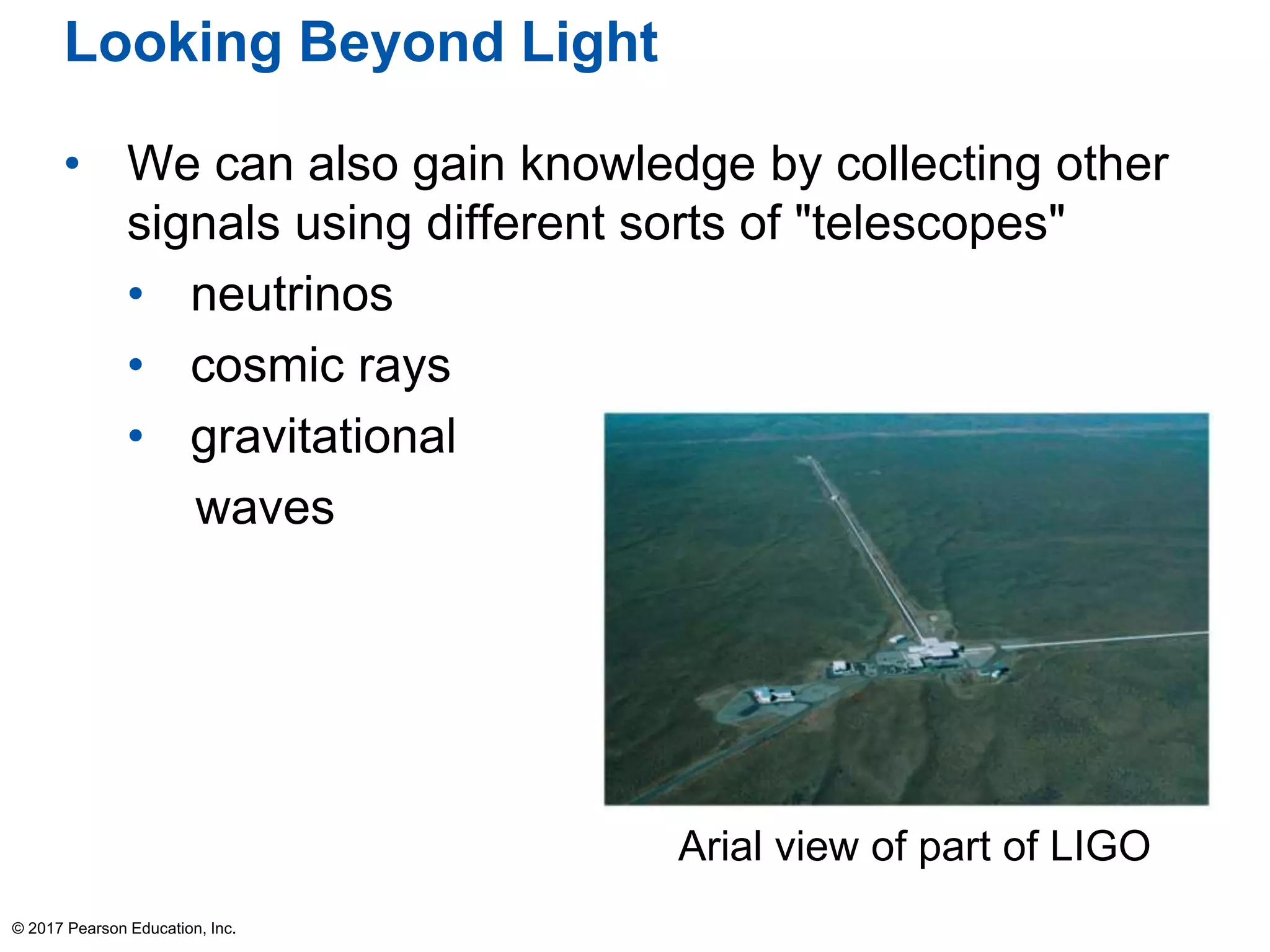 Looking Beyond Light
• We can also gain knowledge by collecting other
signals using different sorts of "telescopes"
• neutrinos
• cosmic rays
• gravitational
waves
© 2017 Pearson Education, Inc.
Arial view of part of LIGO
 