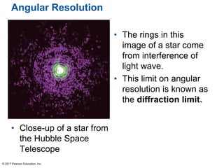 Angular Resolution
• Close-up of a star from
the Hubble Space
Telescope
• The rings in this
image of a star come
from interference of
light wave.
• This limit on angular
resolution is known as
the diffraction limit.
© 2017 Pearson Education, Inc.
 