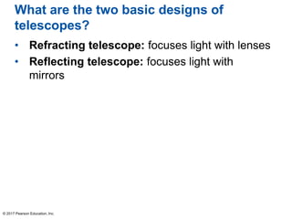 What are the two basic designs of
telescopes?
• Refracting telescope: focuses light with lenses
• Reflecting telescope: focuses light with
mirrors
© 2017 Pearson Education, Inc.
 