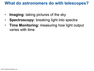 What do astronomers do with telescopes?
• Imaging: taking pictures of the sky
• Spectroscopy: breaking light into spectra
• Time Monitoring: measuring how light output
varies with time
© 2017 Pearson Education, Inc.
 