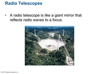 Radio Telescopes
• A radio telescope is like a giant mirror that
reflects radio waves to a focus.
© 2017 Pearson Education, Inc.
 
