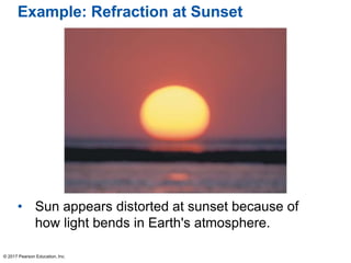 Example: Refraction at Sunset
• Sun appears distorted at sunset because of
how light bends in Earth's atmosphere.
© 2017 Pearson Education, Inc.
 