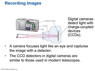 Recording Images
• A camera focuses light like an eye and captures
the image with a detector.
• The CCD detectors in digital cameras are
similar to those used in modern telescopes.
Digital cameras
detect light with
charge-coupled
devices
(CCDs).
© 2017 Pearson Education, Inc.
 
