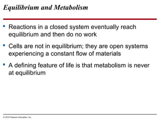 Equilibrium and Metabolism
 Reactions in a closed system eventually reach
equilibrium and then do no work
 Cells are not...