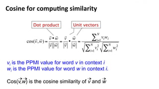 Cosine	
  for	
  compu$ng	
  similarity	
  
cos(

v,

w) =

v •

w

v

w
=

v

v
•

w

w
=
viwii=1
N
∑
vi
2
i=1
...