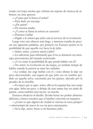 211
truida con hojas anchas que cubrían un soporte de troncos de ar-
bustos, no muy gruesos.
—¿Y para qué lo busca el señor?
—Para darle un mensaje.
—¿De quién?
—De nuestra madre.
—¿Y cómo se llama la señora en cuestión?
—Dorotea Cuéllar.
—Dígale a la señora que Julio está al servicio de la revolución.
Luego vino otro silencio más largo, y mientras trataba de preci-
sar sus siguientes palabras, por primera vez Eustacio pensó en la
posibilidad de que aquella voz fuera la de Julio.
—Señor, señor, ¿conoce usted a Julio?
—Lo suficiente para informarle que él no se distraerá con men-
sajes provenientes del mundo esclavizado.
—¿Y no existe la posibilidad de que pueda hablar con él?
—No señor, la revolución no da tregua, ya tendrán tiempo de
hablar cuando la justicia se tome las ciudades.
—La verdad, me urge hablar con él —esto último lo dijo un
poco desconsolado, casi seguro de que Julio era un nombre per-
dido en aquella selva, carcomido por los jejenes, alterado por la
pesadez de la clorofila.
—Es mejor que se apee, señor, allá en la esquina hay una vasija
con agua, beba un poco, y debajo de esas ramas hay un atado de
panela, coma también una ración, no mucha.
Eustacio obedeció al detalle; llevaba horas sin probar alimento
diferente a frutos extraños que el hambre convertía en manjares.
—¿Cómo es que alguien de ciudad se interna en estos parajes?
—interrumpió de nuevo la voz un poco amenazante.
—Ya le dije, señor, busco a mi hermano Julio.
c a r l o s a rt u r o g a m b o a b o b a d i l l a
 