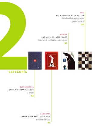 2barichar a
maría so fía ángel sepúlveda
El último truco
87
c ali
ruth angélic a me j ía or tega
Batallas de un pequeño
peón blanco
97
buenaventur a
c ar olina bazán valencia
El amor
83
bogotá
ana maría puentes pulido
Mi mamá me las lleva después
91
c ategoría
 
