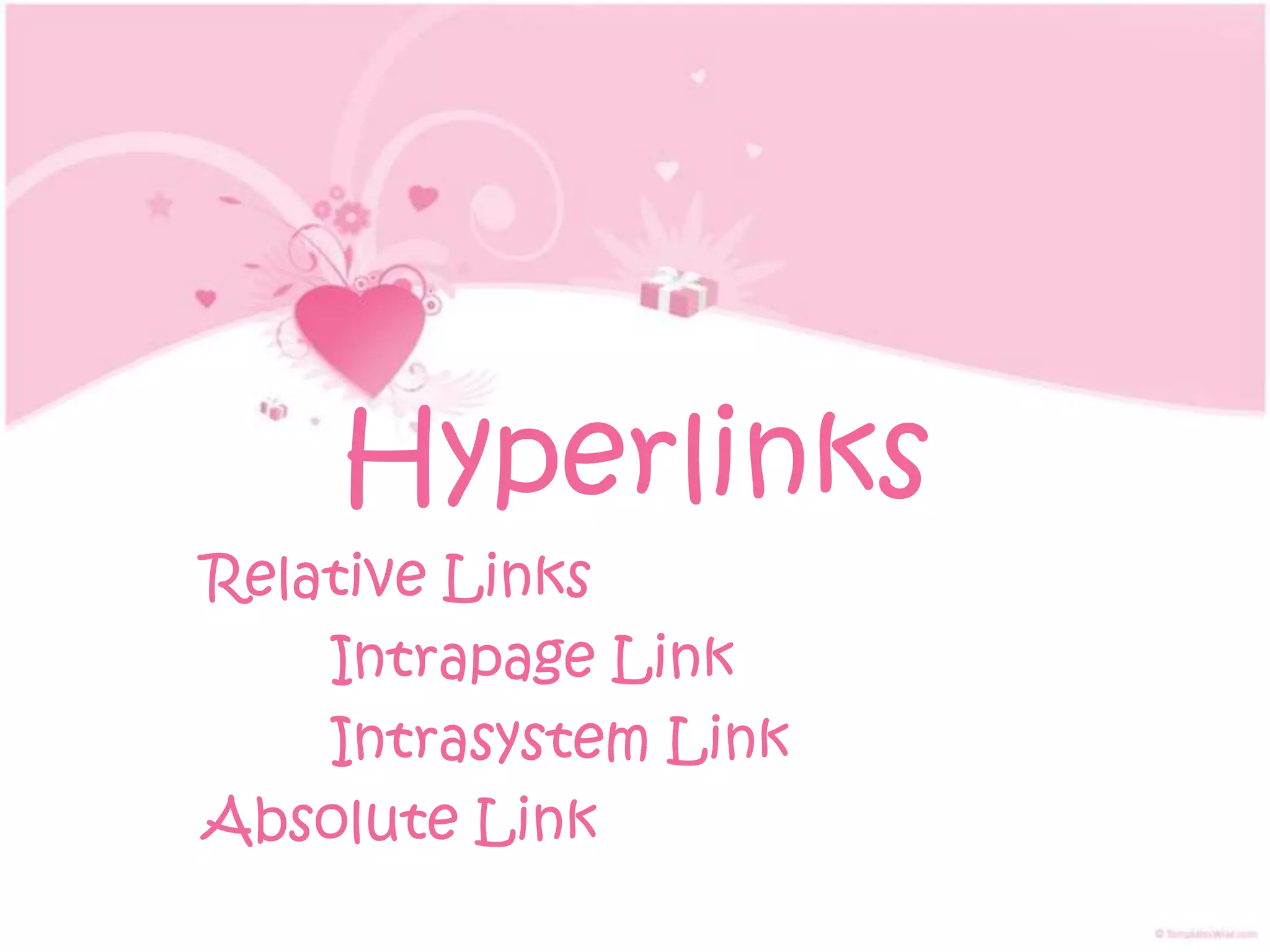 Hyperlinks
Relative Links
    Intrapage Link
    Intrasystem Link
Absolute Link
 