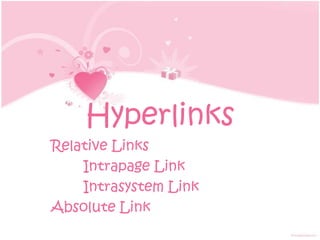 Hyperlinks
Relative Links
    Intrapage Link
    Intrasystem Link
Absolute Link
 