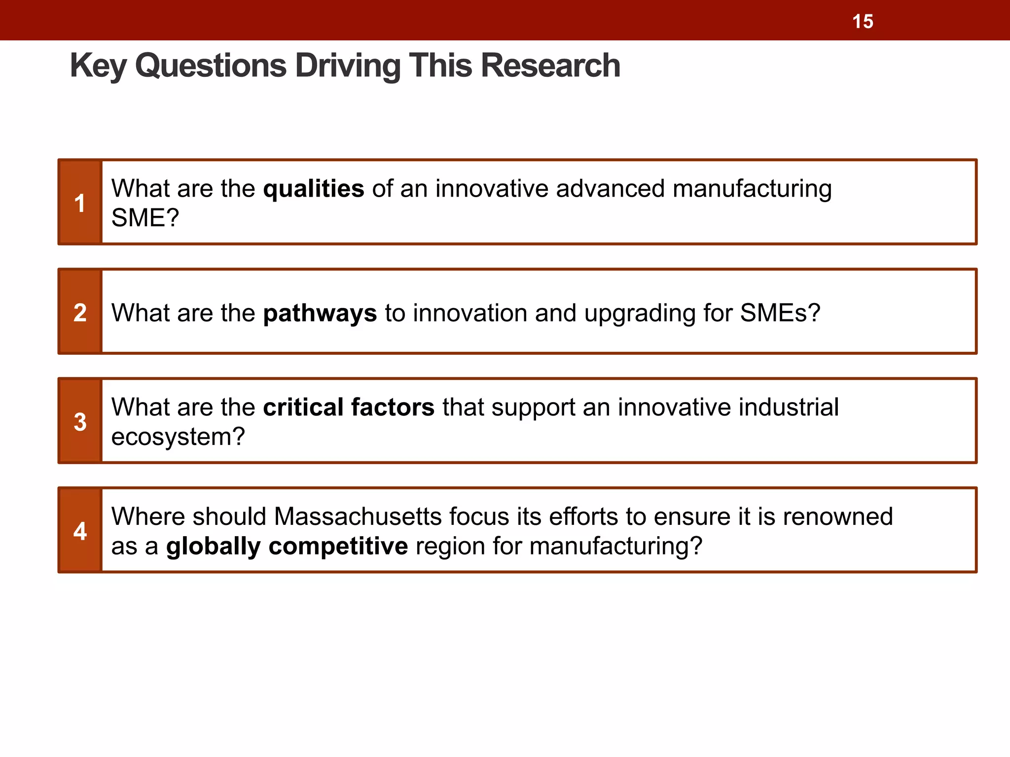 Key Questions Driving This Research
15
What are the qualities of an innovative advanced manufacturing
SME?
1
What are the pathways to innovation and upgrading for SMEs?2
Where should Massachusetts focus its efforts to ensure it is renowned
as a globally competitive region for manufacturing?
4
What are the critical factors that support an innovative industrial
ecosystem?
3
 